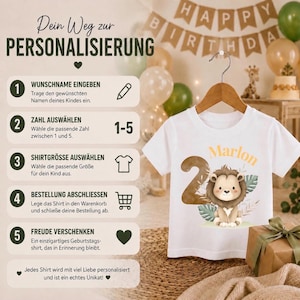 May include: A white short-sleeved t-shirt featuring a graphic of a cartoon lion, the number 2, and the name Marlon in orange text. The image includes a five-step instructional guide titled Dein Weg zur PERSONALISIERUNG with icons.