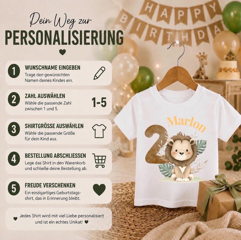 May include: A white short-sleeved t-shirt featuring a graphic of a cartoon lion, the number 2, and the name Marlon in orange text. The image includes a five-step instructional guide titled Dein Weg zur PERSONALISIERUNG with icons.