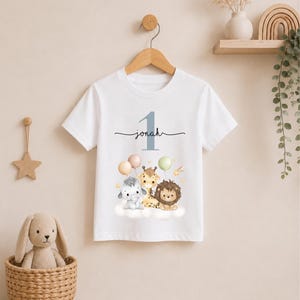 1. Geburtstag Shirt mit Name Safari Tiere, Personalisiertes Baby Geburtstagsshirt, Bio Baumwolle, Geschenk zum ersten Geburtstag,Baby Tshirt image 2