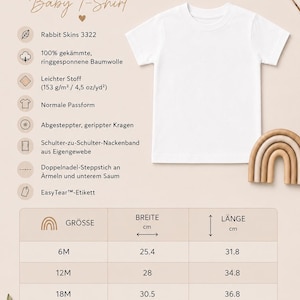 May include: A white short-sleeved t-shirt displayed with a size chart titled GR&Ouml;SSENTABELLE Baby T-Shirt. The chart lists sizes 6M, 12M, 18M, and 24M with corresponding width and length measurements in centimeters for this cotton garment.
