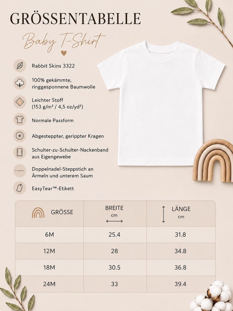 May include: A white short-sleeved t-shirt displayed with a size chart titled GR&Ouml;SSENTABELLE Baby T-Shirt. The chart lists sizes 6M, 12M, 18M, and 24M with corresponding width and length measurements in centimeters for this cotton garment.