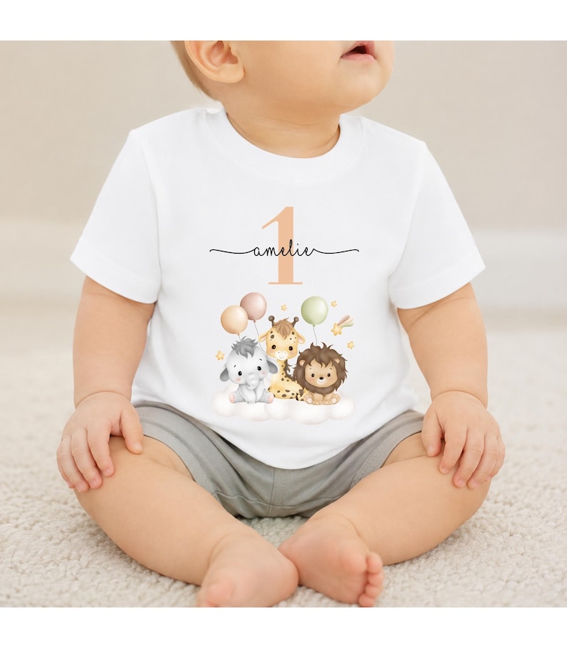 1. Geburtstag Shirt mit Name Safari Tiere, Personalisiertes Baby Geburtstagsshirt, Bio Baumwolle, Geschenk zum ersten Geburtstag,Baby Tshirt image 1