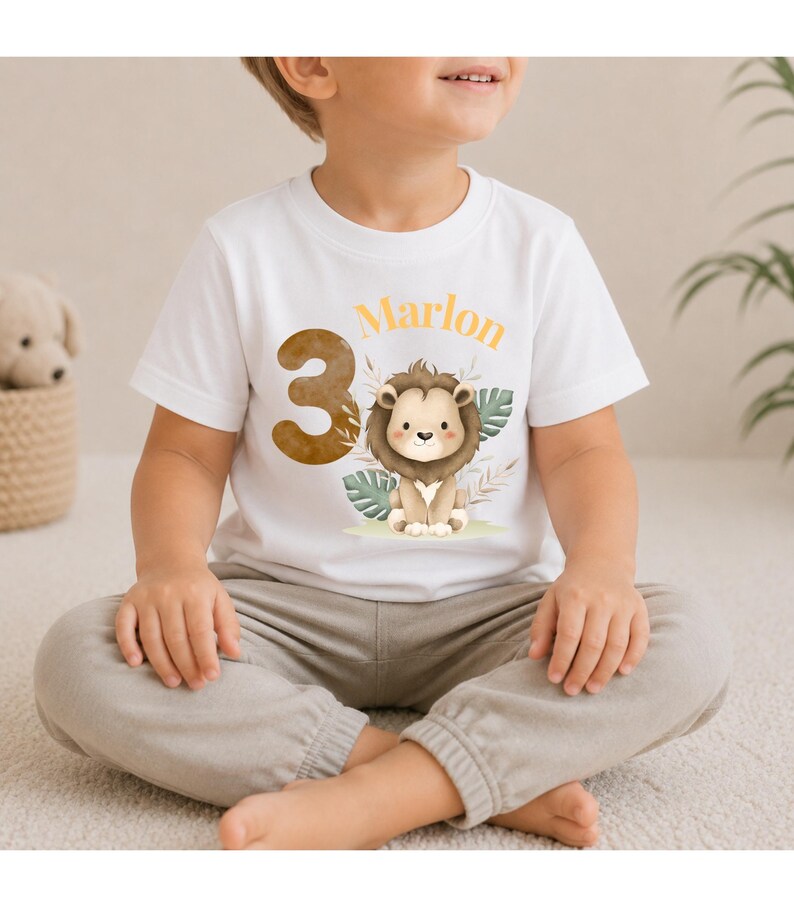 May include: A white short-sleeved t-shirt featuring a graphic of a cartoon lion, the number 3 in a brown textured font, and the name Marlon in orange text. The design includes watercolor-style green leaves and beige foliage accents.