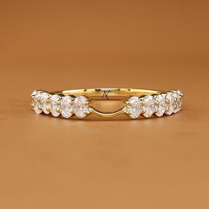 Oval Moissanite Notched Wedding Band, 14K Gold Half Eternity Stackable Ring, Matching Band for Engagement Ring, Anniversary Ring for Her