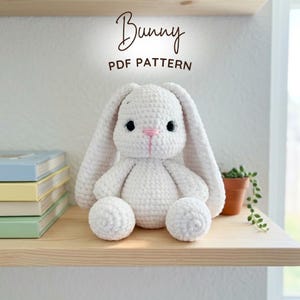 May include: A white crocheted stuffed bunny with long ears, black safety eyes, and a pink stitched nose. The text "Bunny PDF PATTERN" is displayed above the toy. The bunny is positioned on a wooden shelf next to a stack of four books.