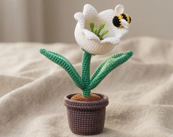 Weiße Tulpe Häkelanleitung PDF | Eingemachte Blume Amigurumi Tutorial | Niedliche Hummel Pflanze Spielzeug Anleitung | DIY Schreibtisch Decor & Geschenk zum Muttertag