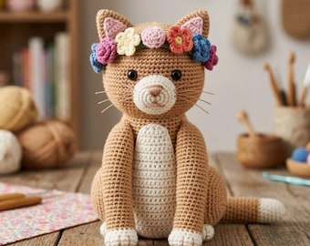 Blumen Katze Häkelanleitung PDF | Blumenkrone Kitty Amigurumi Tutorial | Fortgeschrittenen Frühling Spielzeugführer | DIY Kinderzimmer Dekor & Katzen Geschenk