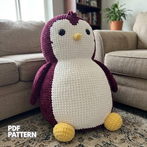 Virkmönster för jättepingvin i PDF-format, handledning för amigurumi i naturlig storlek, barnrumsdekor i jumbo chenillestil, gör-det-själv-djurkudde