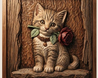 Kitten with Rose Relief Carving STL File, Wood CNC Art (Digital Download)