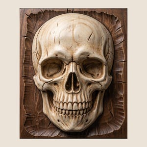 May include: A detailed, carved wooden skull sculpture. The skull is off-white with visible cracks and imperfections, set against a dark brown, textured wooden background. The carving is intricate, showcasing the teeth and facial features.