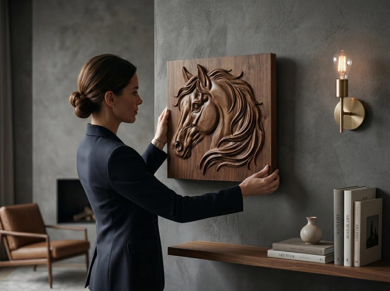 May include: A detailed, wooden relief carving of a horse's head, mounted on a square wooden panel. The artwork is a warm brown color and is being held by a person in a dark blue blazer. The horse's mane and facial features are intricately carved.