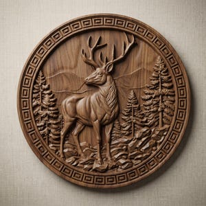 May include: A round, wooden relief carving featuring a detailed depiction of a deer in a forest scene. The deer stands prominently, surrounded by trees and mountains. The carving is framed by a decorative border. The wood has a warm, natural tone.