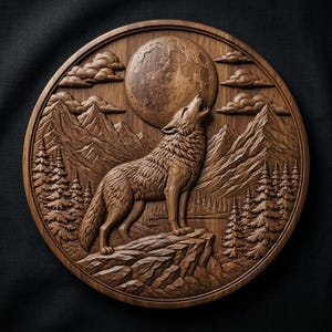 Ylande varg, måne, bergsrelief, snidning i STL (digital nedladdning)