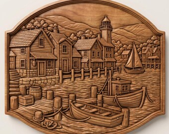 Harbor Village Lighthouse Relief CNC File, Coastal Fishing Village 3D Wood Carving (Digital Download)