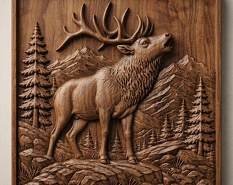 Bugling Elk Relief Art STL, Mountain Wildlife Scene Carving (Digital Download)