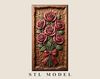 Rose Bouquet Wood Carving STL File, Floral Relief Wall Art (Digital Download)