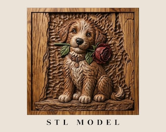 Puppy with Rose Relief Carving STL File, CNC Wood Art (Digital Download)
