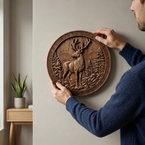 May include: A round, wooden wall art piece featuring a detailed relief carving of a stag in a forest scene. The artwork is brown with a decorative border and is being held up against a neutral-colored wall.