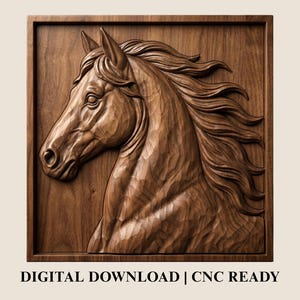 May include: A detailed, wooden relief carving of a horse's head in profile, set within a square frame. The artwork showcases the horse's flowing mane and facial features. The text "DIGITAL DOWNLOAD | CNC READY" is at the bottom.