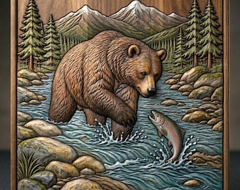 Grizzly Bear Fishing STL, Wildlife Wood Carving 3D Model, Trout River Art (Digital Download)