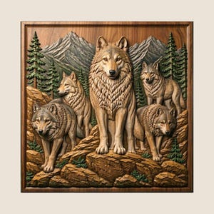May include: A square wooden wall plaque featuring a detailed relief carving of a wolf pack in a mountain landscape. The scene depicts four wolves standing among rocky terrain and evergreen trees, with jagged mountain peaks in the background.