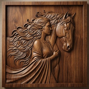 Puede incluir: Tallado en madera detallado de una mujer con cabello suelto abrazando a un caballo. La obra de arte está enmarcada en un cuadrado, con las figuras y el marco representados en tonos marrones.