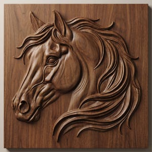 May include: A detailed, three-dimensional wood carving of a horse's head. The sculpture is carved from a single piece of wood, showcasing the horse's profile with flowing mane and detailed facial features. The wood has a warm, natural brown tone.
