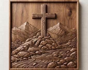 Christian Mountain Cross Relief CNC File, 3D Wood Carving Model (Digital Download)
