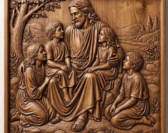 Op de afbeelding: Een vierkante houten wandplaat met een gedetailleerd reliëf van een bebaarde figuur die onder een boom zit, omringd door vier kinderen. De scène toont de centrale figuur met armen om de kinderen in een natuurlijk landschap.