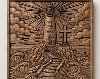 Lighthouse Cross CNC Relief File, Christian Coastal Wall Art (Digital Download)