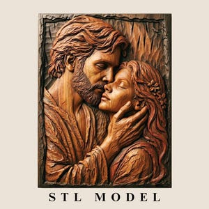 Pode incluir: Escultura em relevo em madeira que retrata um homem e uma mulher em um abraço. O homem tem barba e está tocando o rosto da mulher. A mulher tem cabelo comprido e usa um acessório de cabelo floral. O texto "STL MODEL" está na parte inferior.