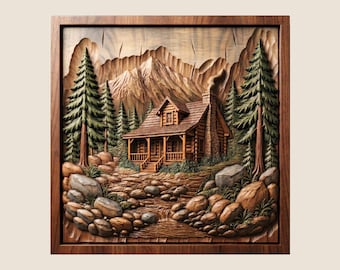 Mountain Cabin Relief Carving STL, Rustic Forest Landscape Wall Art (Digital Download)