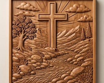Christian Cross Landscape CNC Relief File, Mountain River Wood Carving Model (Digital Download)