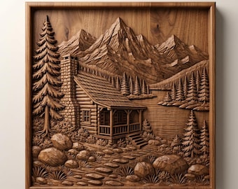 Mountain Cabin Log Cabin Relief CNC File, Rustic Lake Landscape (Digital Download)
