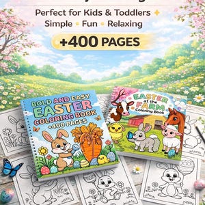 Peut inclure: Deux livres de coloriage sur le thème de Pâques avec le texte "Bold & Easy Coloring Book" et "Easter at the Farm Coloring Book". Les couvertures présentent des lapins, des poussins et d'autres images de Pâques. L'image montre également des pages à colorier et des icônes pour le téléchargement instantané, l'impression à domicile, le format PDF et les impressions illimitées.