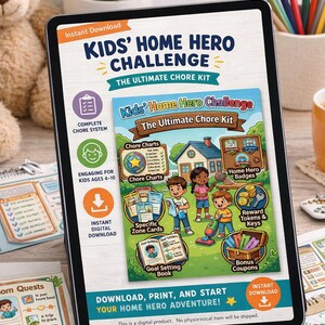 Peut inclure: Une tablette numérique affiche le kit de tâches ménagères "Kids' Home Hero Challenge". Le kit comprend des tableaux de tâches, des jetons de récompense et un livre de fixation d'objectifs. Le design coloré présente des illustrations d'enfants et de tâches ménagères.