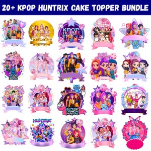 Puede incluir: Una colección de más de veinte coloridas decoraciones para tartas con temas de K-Pop. Cada decoración muestra ilustraciones de grupos de K-Pop, estrellas, bolas de discoteca y pancartas. Las decoraciones tienen varias formas, incluyendo estrellas y círculos.