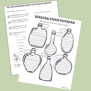 May include: A black and white illustration of a financial planning guide. The guide is titled "The Adventurer's Guide to Financial Quests" and features instructions and illustrations of potion bottles labeled "Sinking Fund Potions."