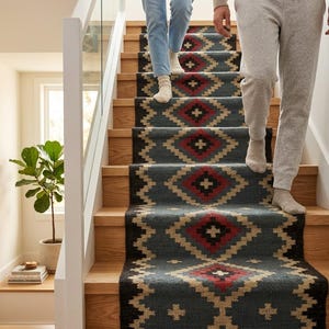 Könnte beinhalten: Eine Holztreppe mit einem gemusterten Teppichläufer. Der Teppich zeigt ein geometrisches Design in Grau-, Rot- und Beigetönen. Zwei Personen gehen die Treppe hinunter. Eine Topfpflanze ist im Hintergrund zu sehen.