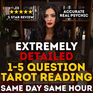 May include: An image promoting tarot readings. The text includes "5 STAR REVIEW", "ACCURATE REAL PSYCHIC", "EXTREMELY DETAILED", and "1-5 QUESTION TAROT READING". The image features a woman, candles, and tarot cards.