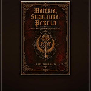 Può includere: Una copertina di libro rosso scuro intitolata Materia, Struttura, Parola, Volume I Amore, La Copertina. La copertina presenta una cornice dorata ornata, un'illustrazione centrale di una rosa su una chiave e una luna crescente, e il testo Proserpina Nicta.