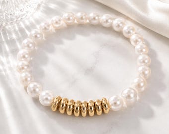 Armband mit 8 mm Glasperlen, Zwischenstücke aus 18-karätigem Gold (PVD), elastischer Brautschmuck