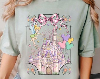 Disney Tinker Bell Magic Castle PNG, Pink Ribbon and Fireworks Design, Retro Fairy Tale Sublimation, Digital File for Sublimation