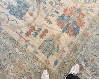 Hand Knotted Rug Wool Area Rug Antique Persian Rug Blue Beige Oriental Living Room Carpet Luxury Heirloom Artisan Decor