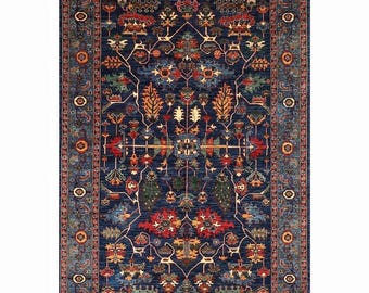 Alfombra anudada a mano, alfombra de lana, alfombra persa floral azul marino, alfombra oriental para sala de estar, alfombra de lujo de estilo antiguo tradicional.