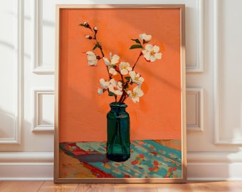 Orange Flower Vase Art Print, Bold Floral Still Life, Modern Home Decor