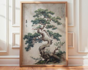 Japanese Ink Style Bonsai Tree Print, Zen Asian Nature Wall Art Poster