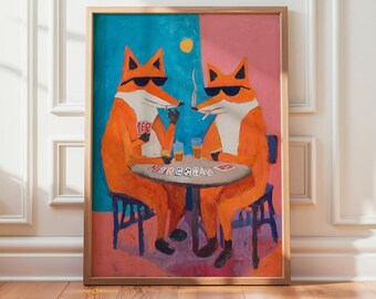 Funny Fox Poker Print, Animal Playing Cards Artwork, Quirky Illustration, Gloss Poster