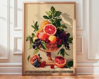 Mediterranean Fruit Bowl Print, Blood Orange Citrus Still Life Poster Artwork