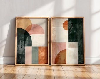 Abstract Geometric Wall Art Set, Mid Century Modern Prints, Neutral Boho Duo Poster
